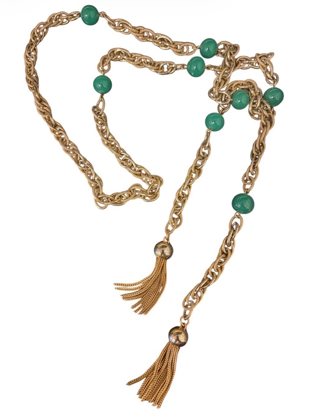 Vintage Goldtone Chain Tassel Lariat Necklace with Green Beads